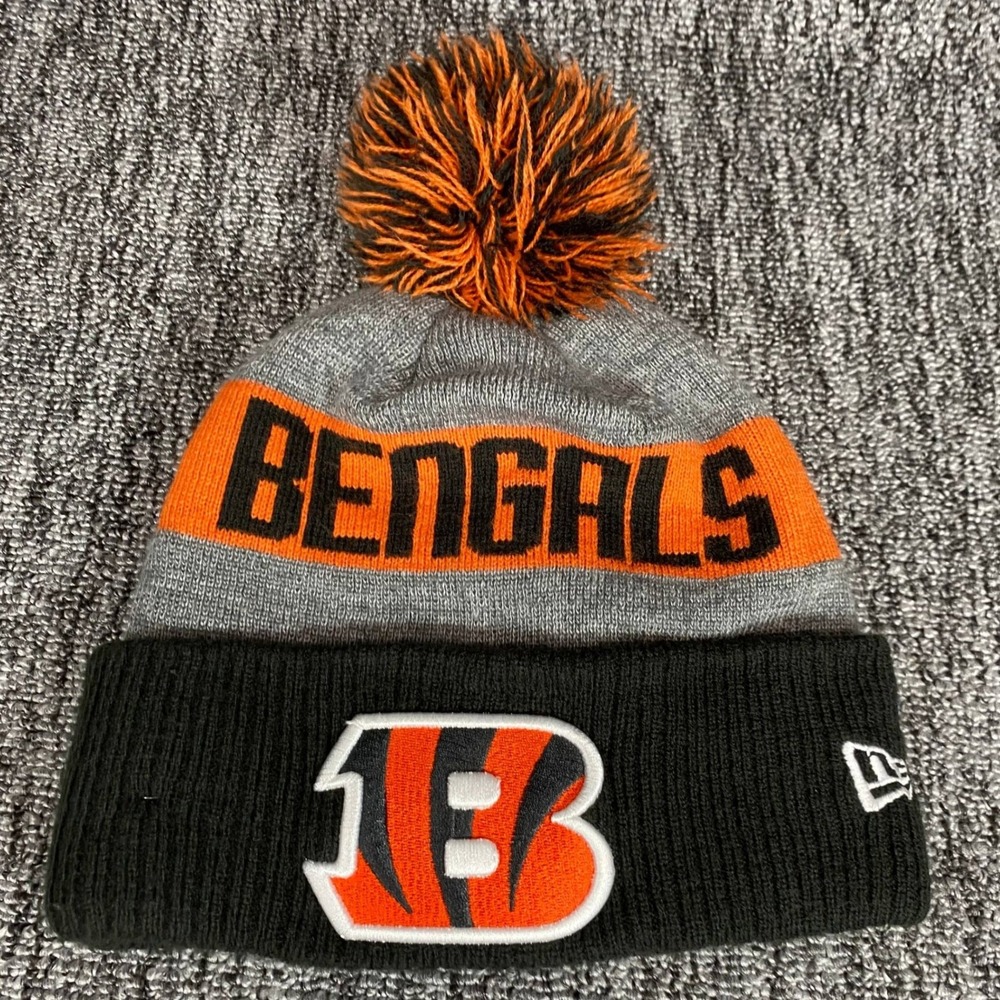 Cincinnati Bengals New Era NFL Cuffed Knit Pom Beanie Hat Gray Orange Black OSFM